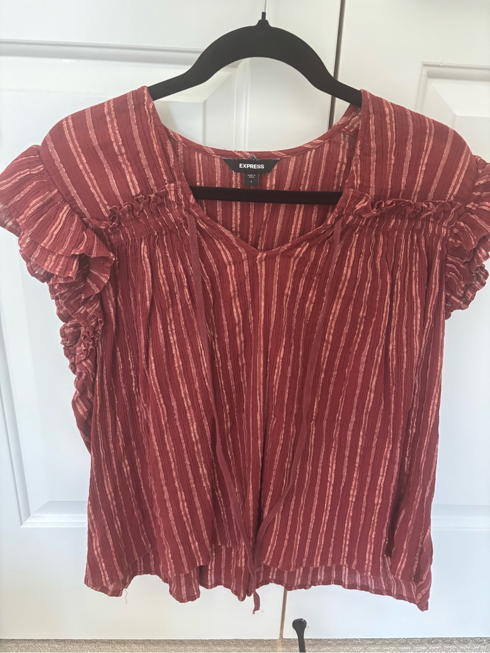 Express Rust-Striped Ruffle Sleeve Blouse